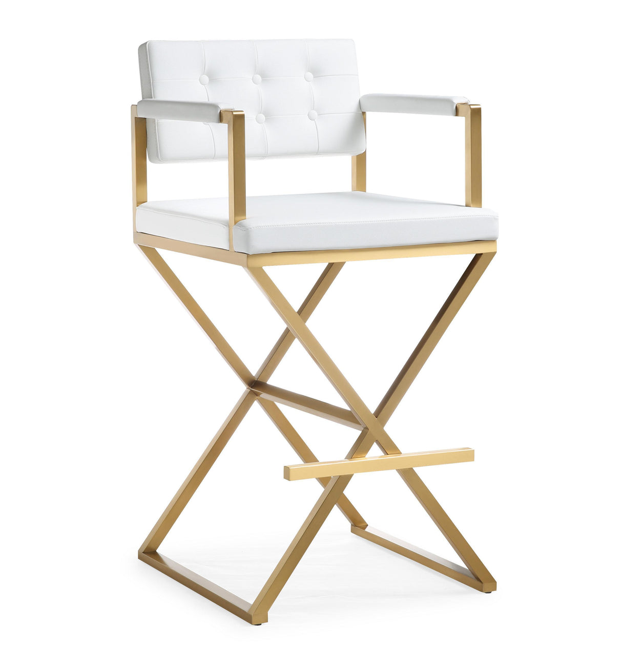 TOV Director White Performance Vegan Leather and Gold Steel Barstool