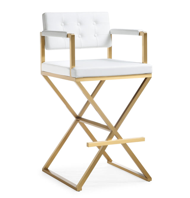 TOV Director White Performance Vegan Leather and Gold Steel Barstool