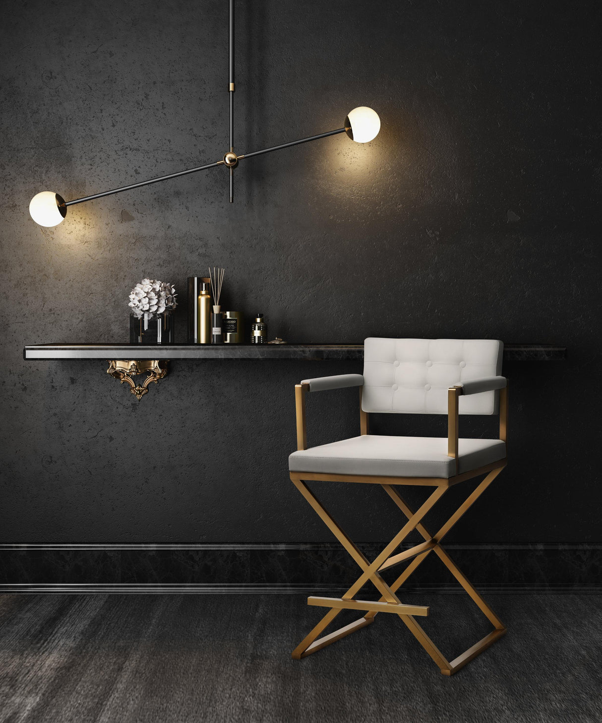 TOV Director White Performance Vegan Leather and Gold Steel Barstool