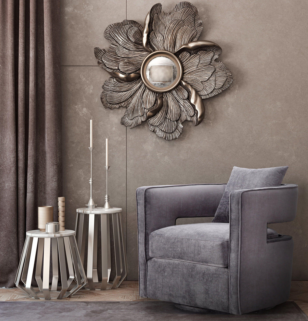 TOV Kennedy Grey Textured Velvet Swivel Chair