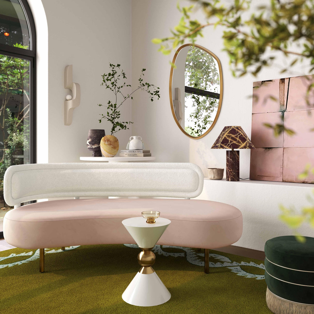 TOV Tischa Cream Boucle & Blush Velvet Sofa