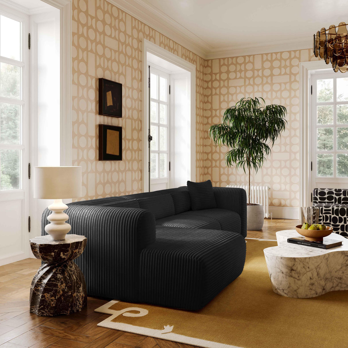 TOV Tarra Fluffy Oversized Black Corduroy Modular RAF Corner Chair