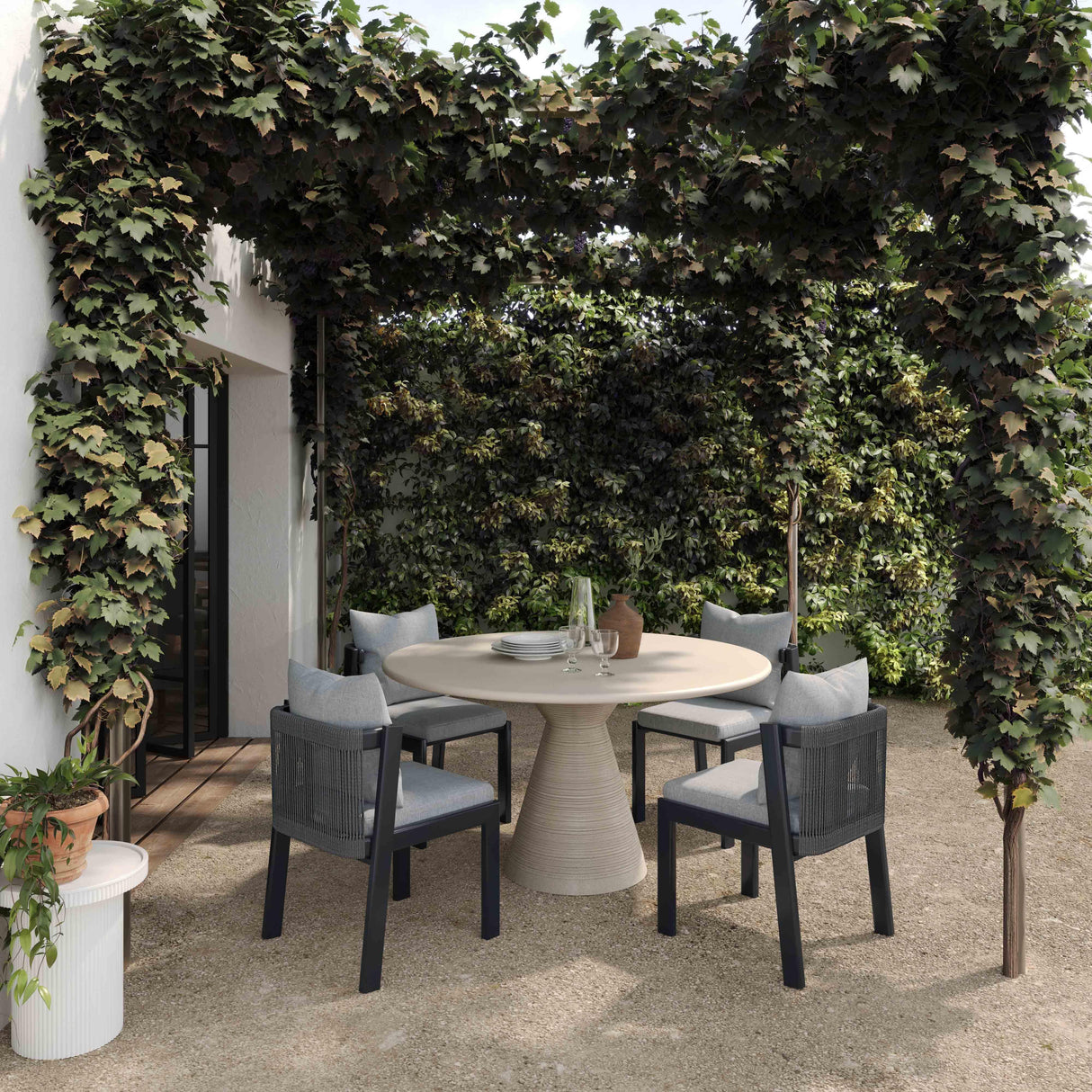 TOV Fern Beige Textured Faux Plaster Concrete Indoor / Outdoor Round Dining Table