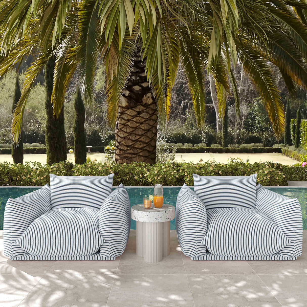 TOV Saint Tropez Pearl and Blue Striped Stuffed Outdoor Armchair