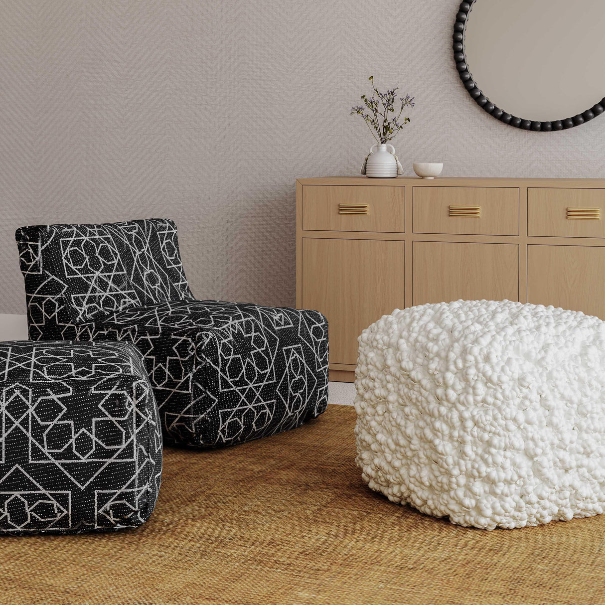 TOV Cathy Cream Woven Pouf