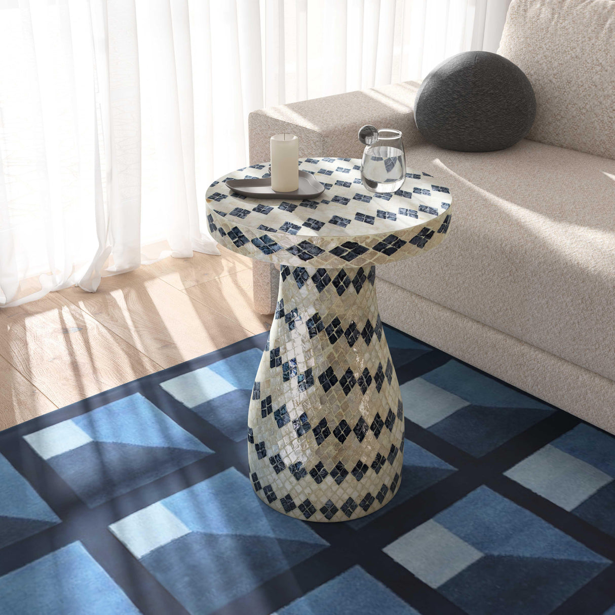 TOV Halio Cream & Blue Checkered Shell Side Table