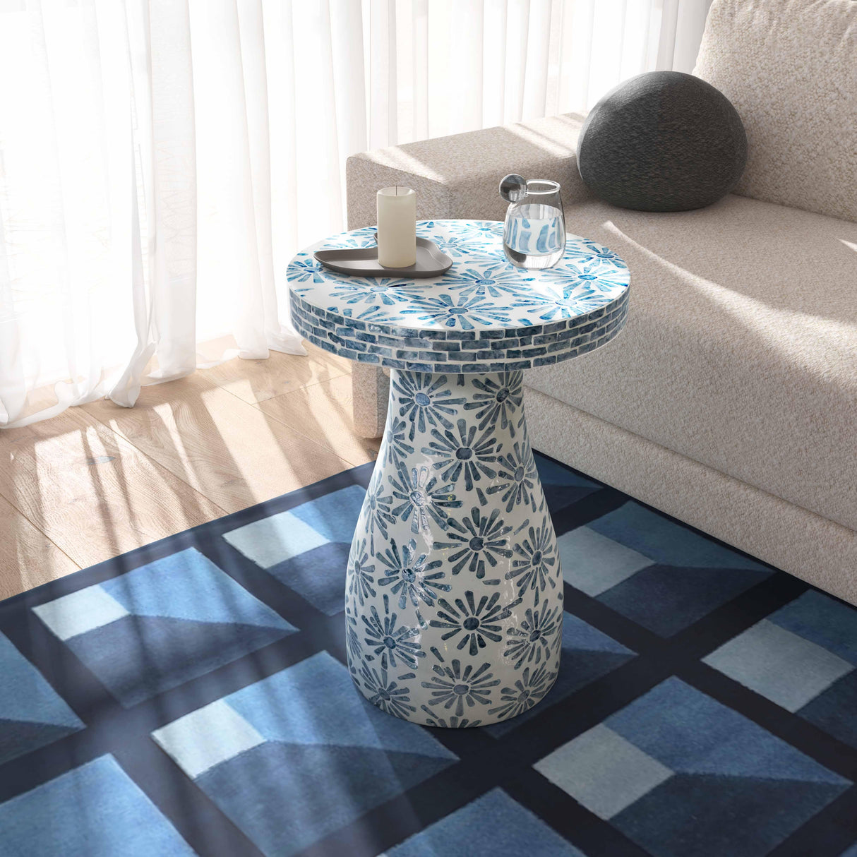 TOV Halio Blue Floral Shell Side Table