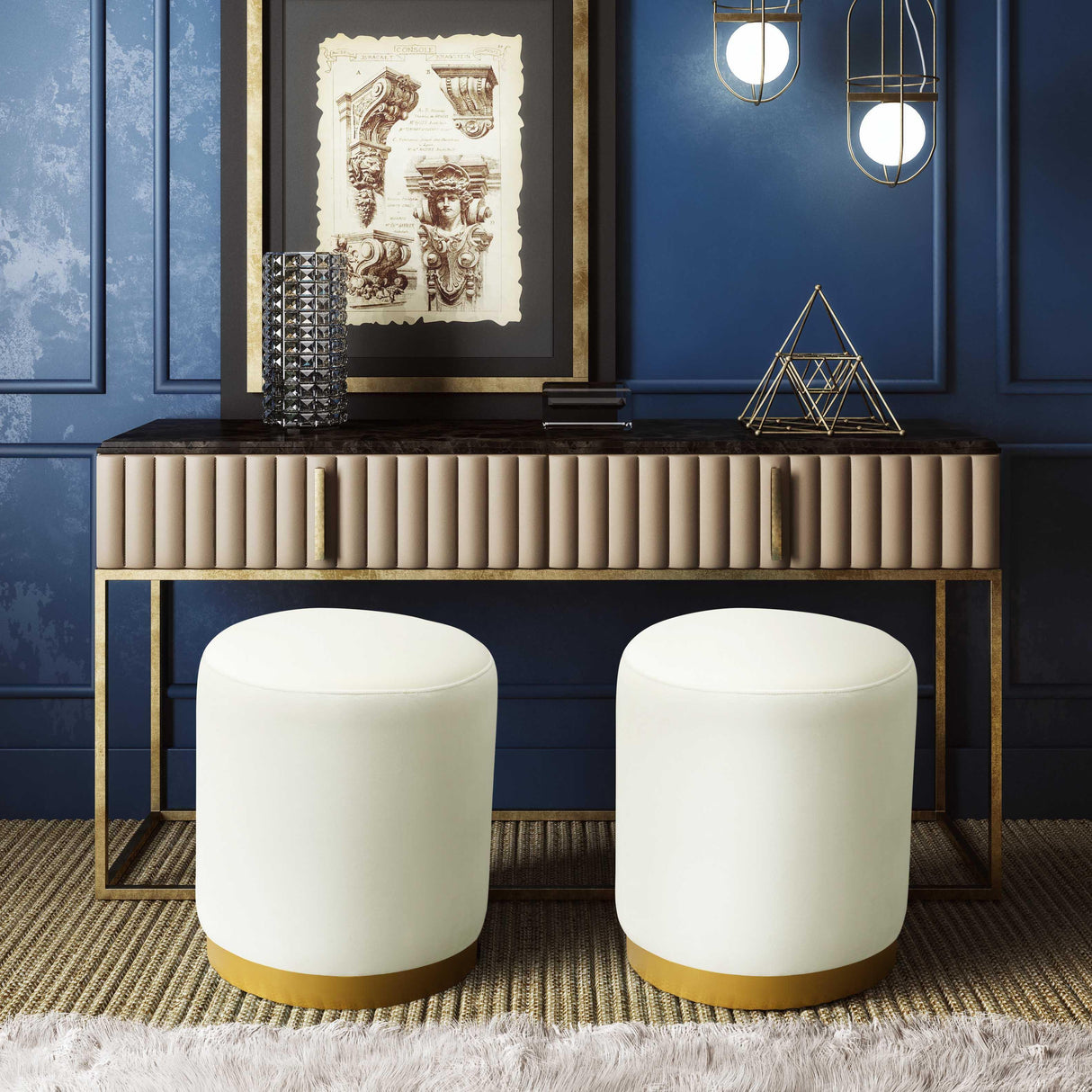 TOV Opal Cream Velvet Ottoman with Gold Base