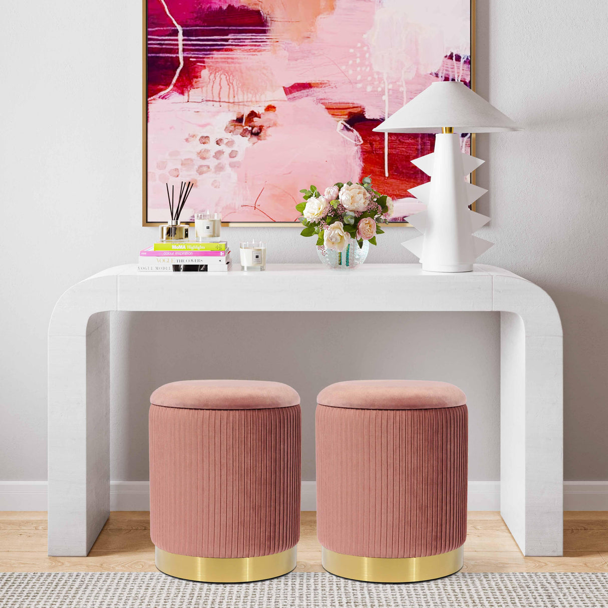 TOV Zoe Blush Velvet Storage Ottoman