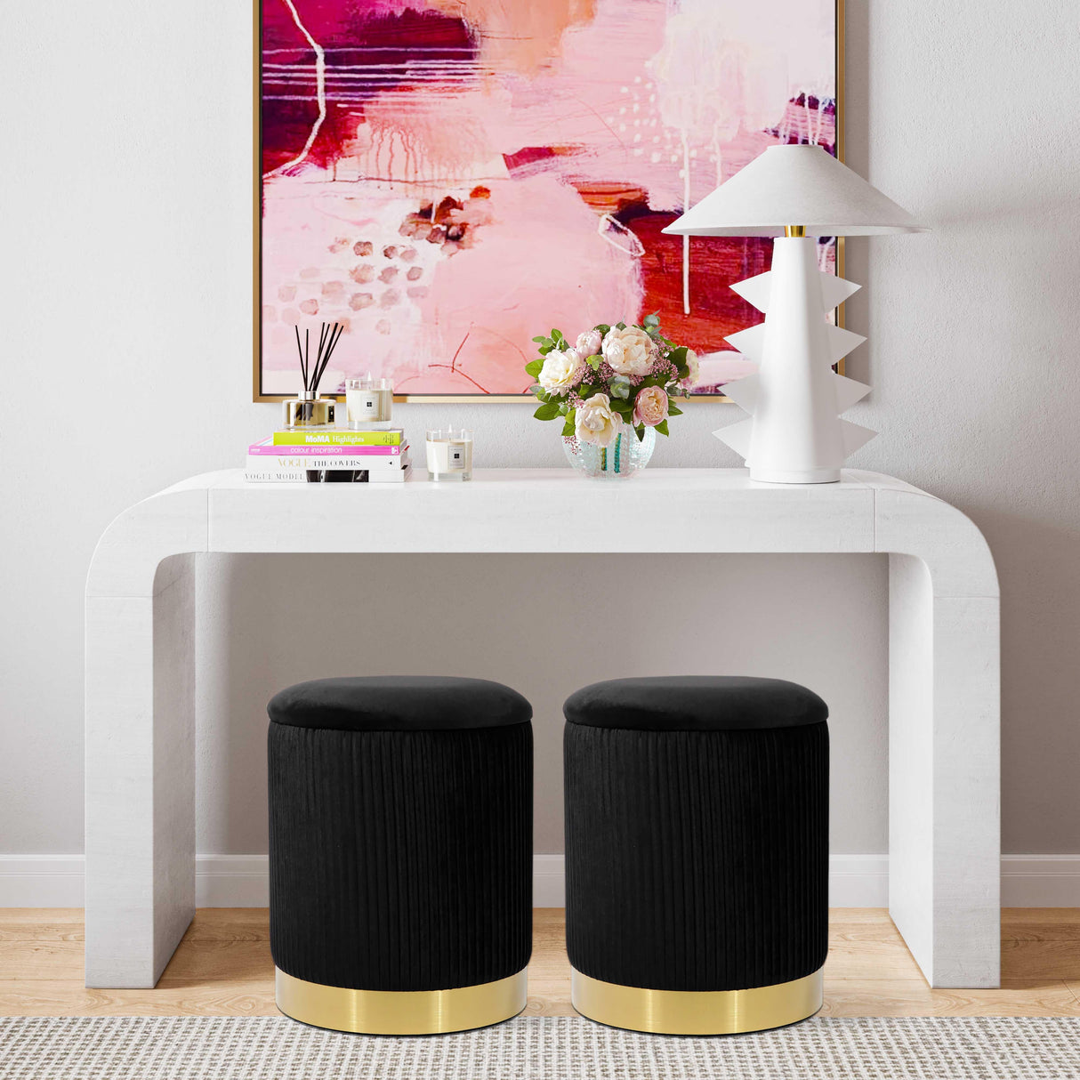 TOV Zoe Black Velvet Storage Ottoman