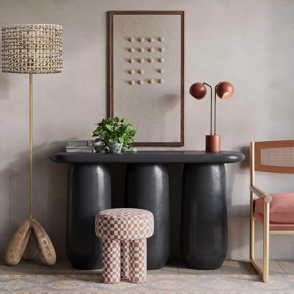 TOV Claire Brown Checkered Boucle Stool