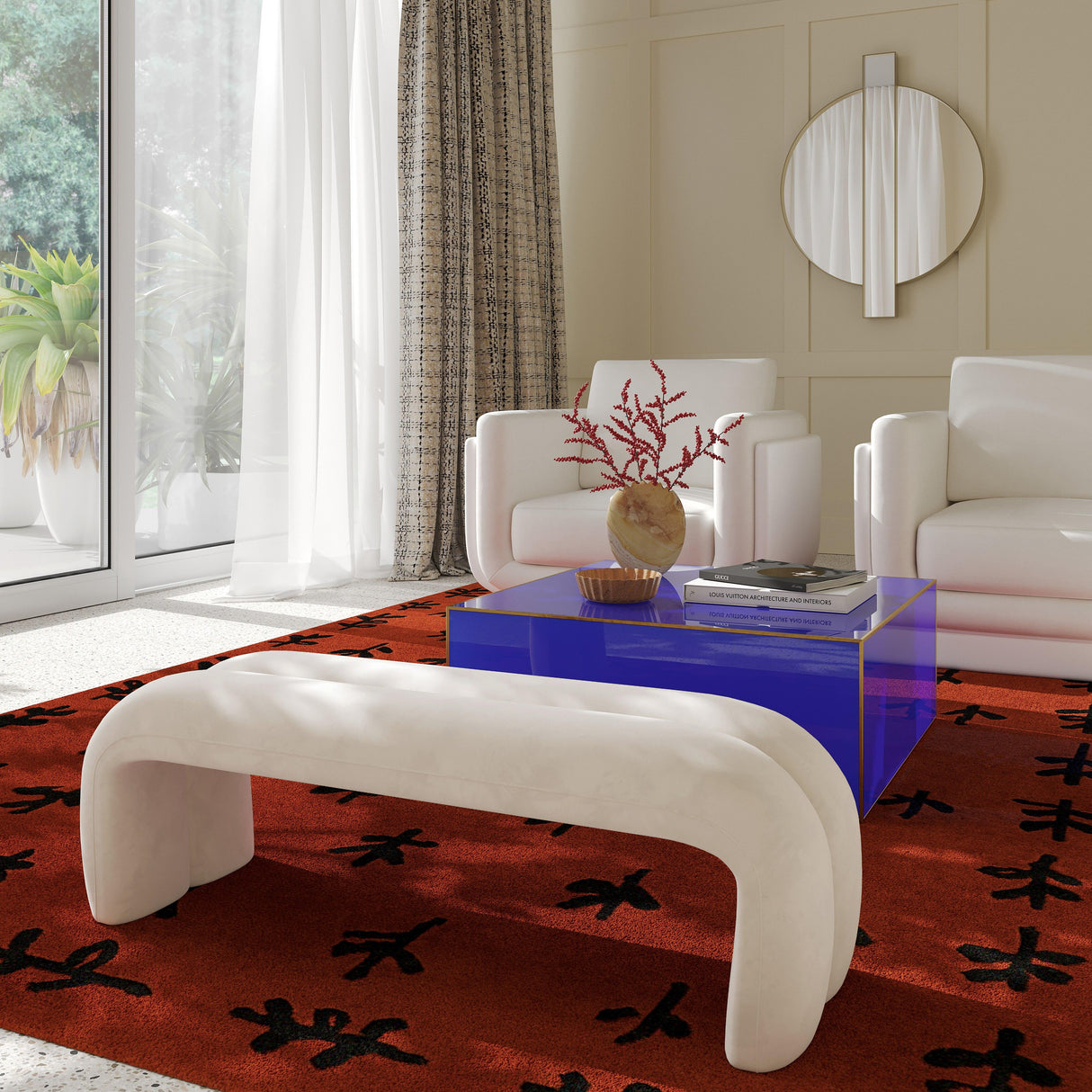 TOV Leigh Cream Velvet Channeled Bench