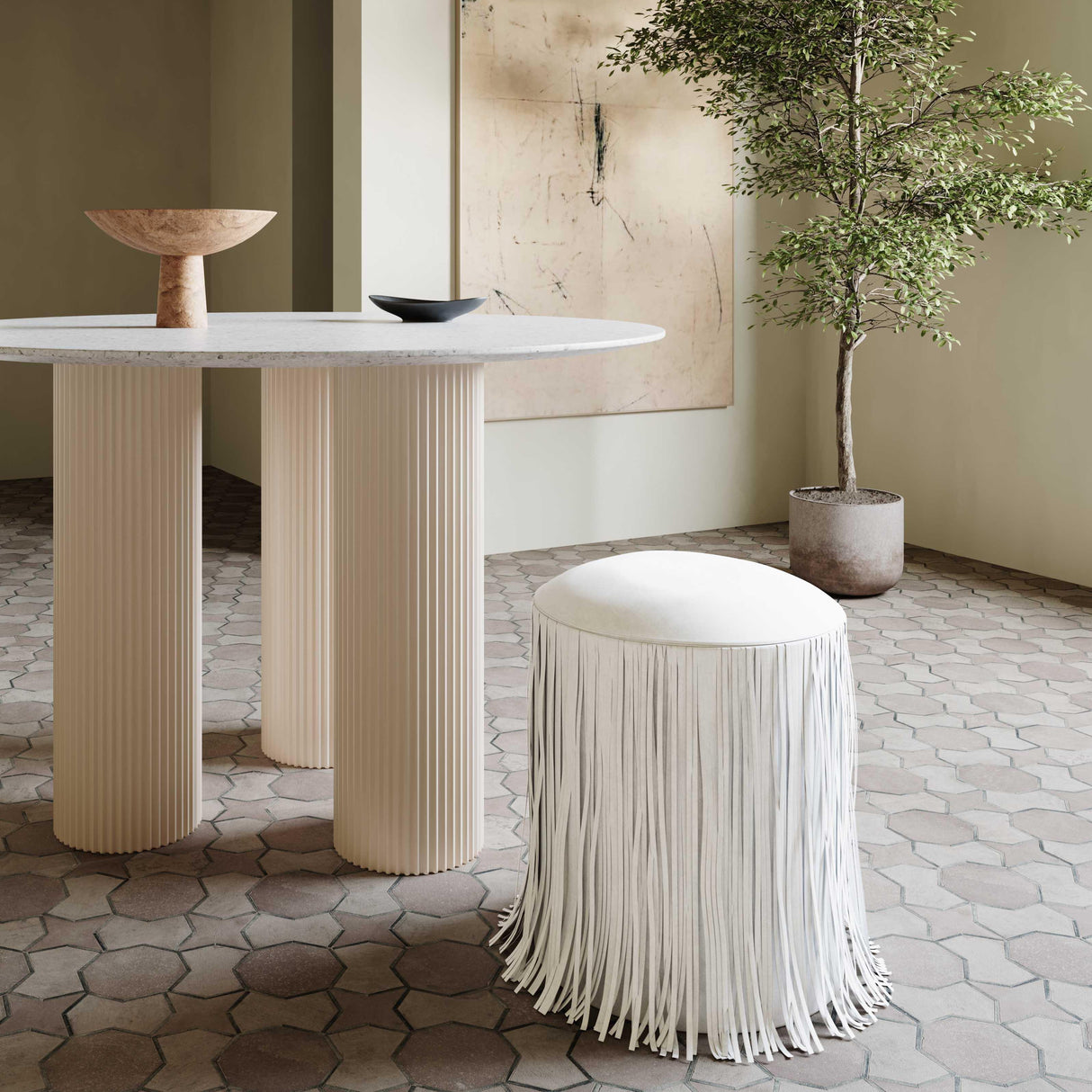 TOV Shag Me Ivory Performance Vegan Leather Ottoman