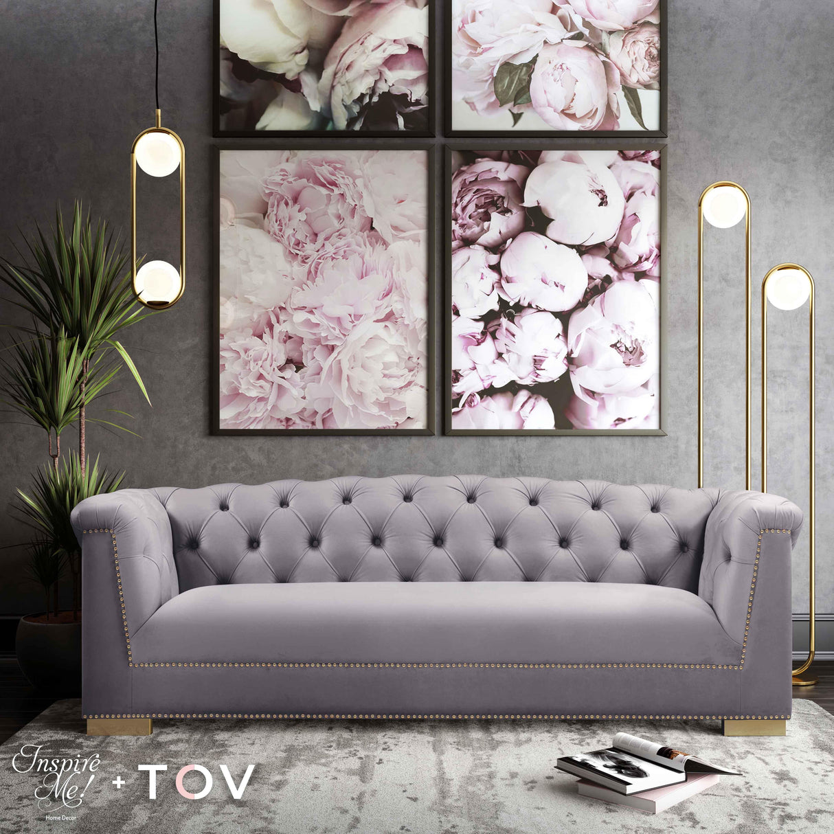 TOV Farah Grey Velvet Sofa
