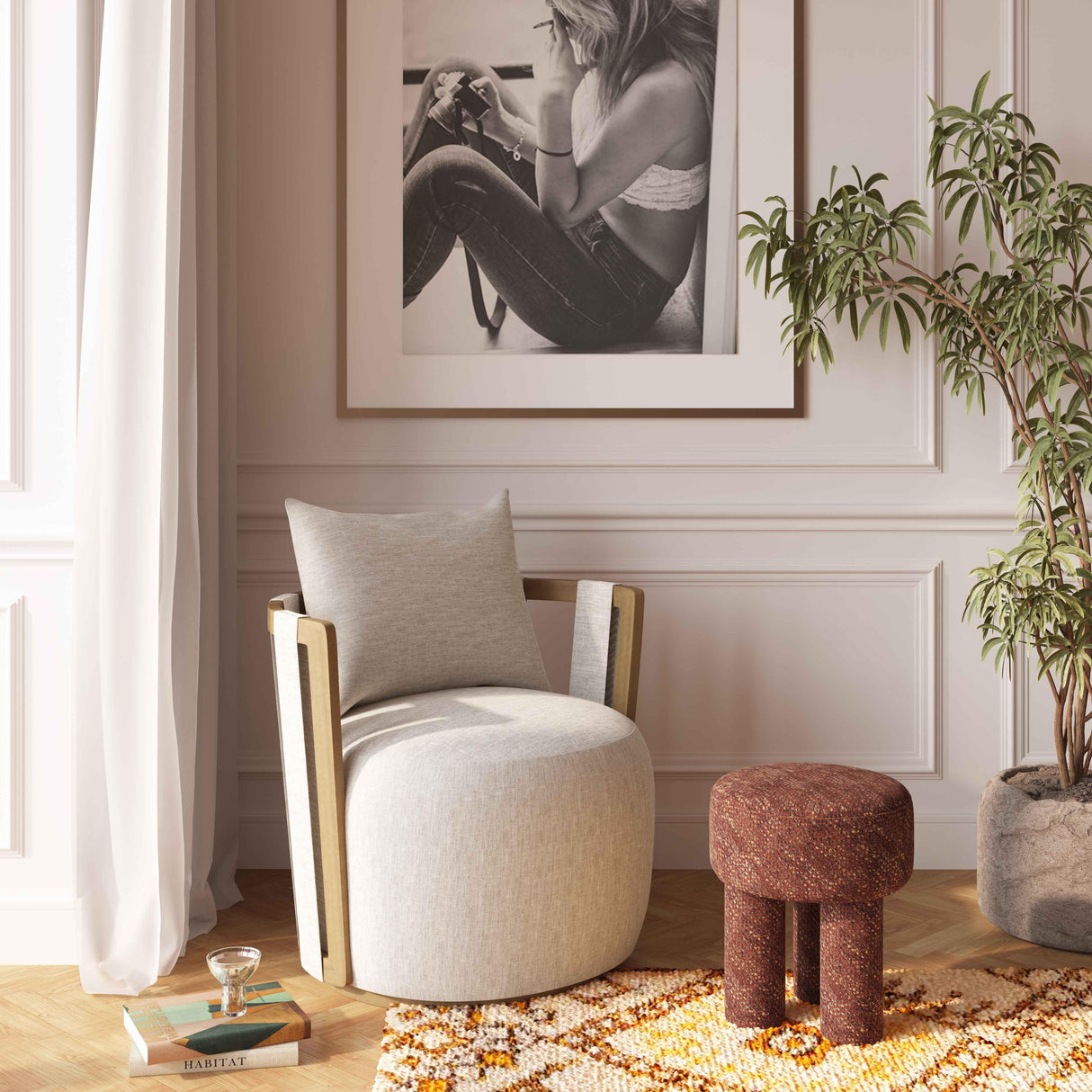 TOV Paolo Cream Textured Weave Swivel Chair