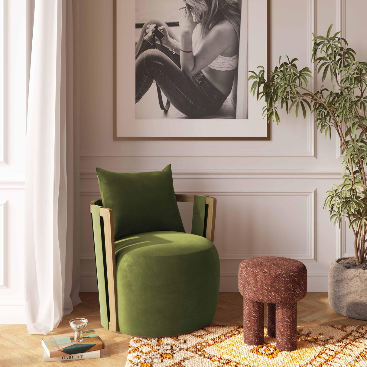 TOV Paolo Green Upcycled Distressed Velvet Swivel Chair