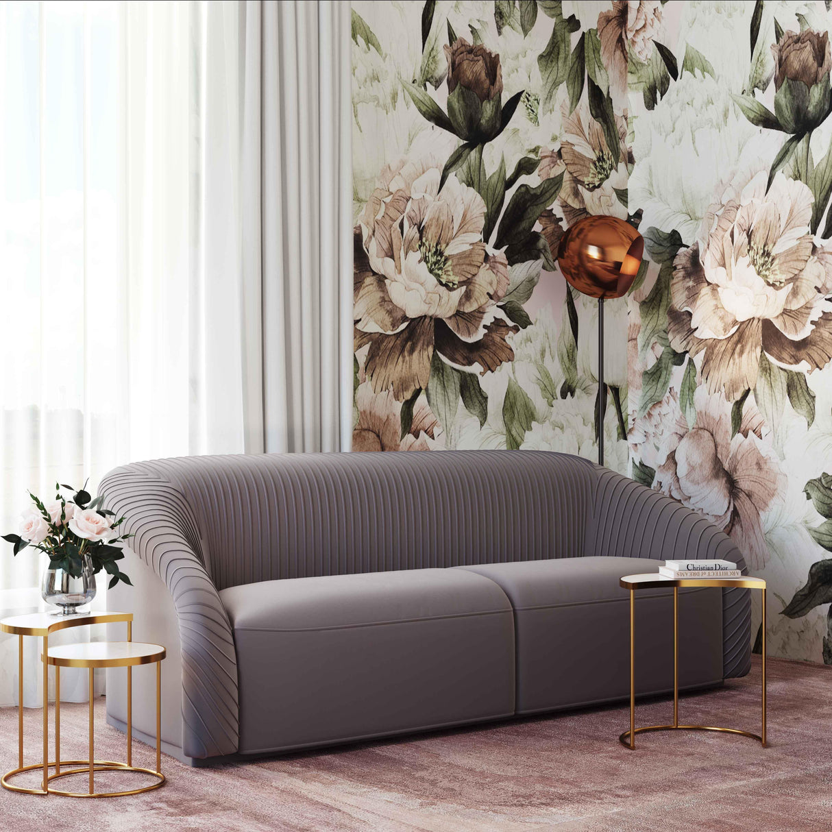 TOV Yara Pleated Grey Velvet Sofa
