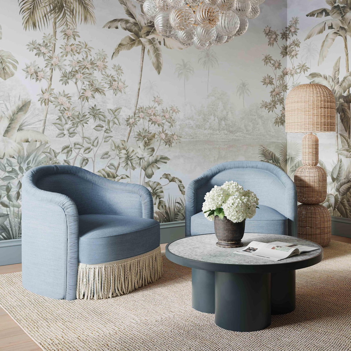 TOV Pamela Faded Blue Recycled Fabric Tassel Lounge Chair