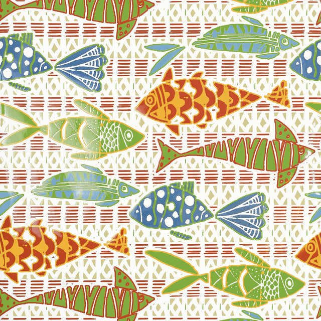 Thibaut BATIK FISH Coral and Blue Wallpaper
