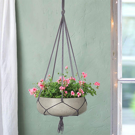 LH Home Circular Small Hanging Pot With Netting - Cement Grey