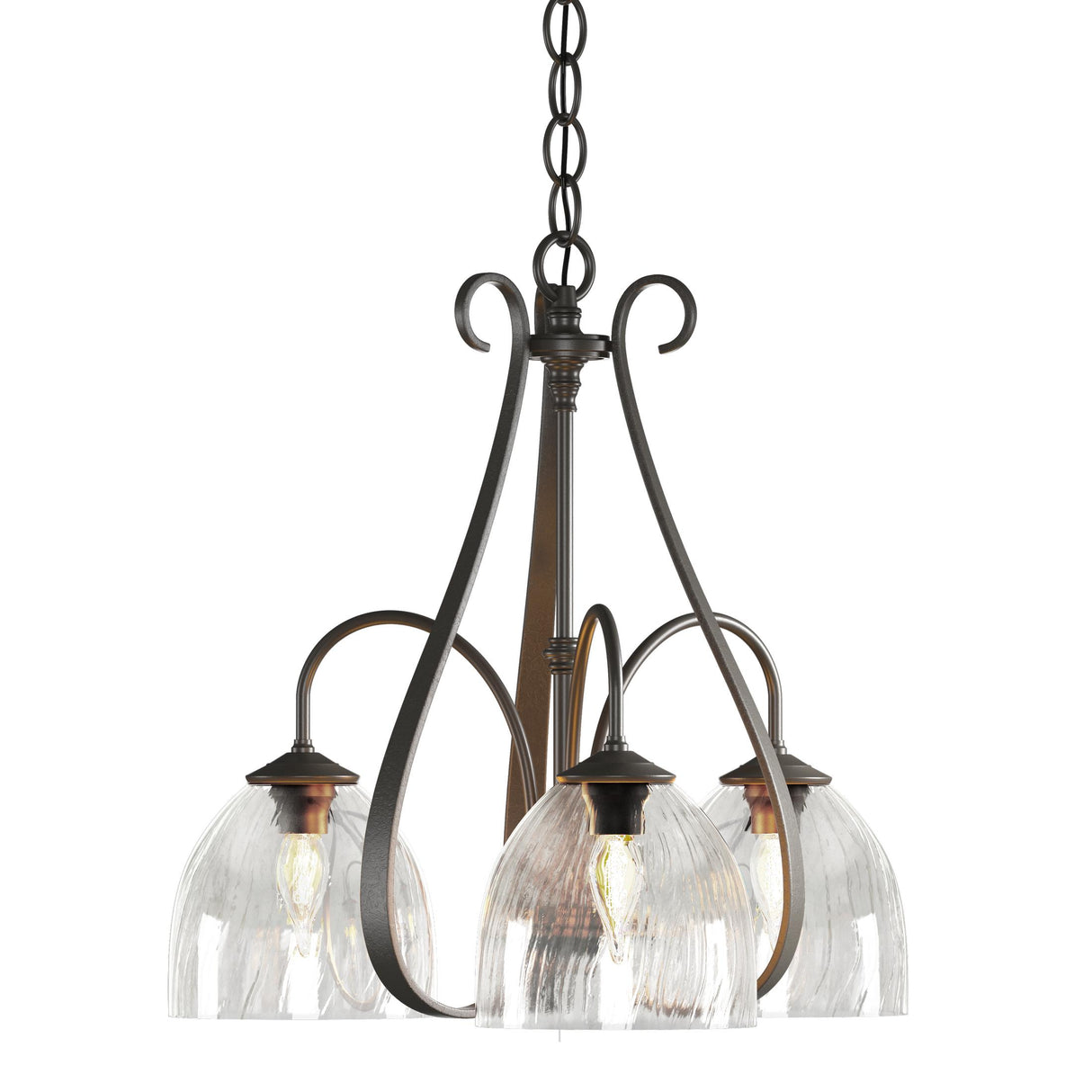 Hubbardton Forge 2004 Dark Smoke Water Glass (LL) Sweeping Taper 3 Arm Chandelier
