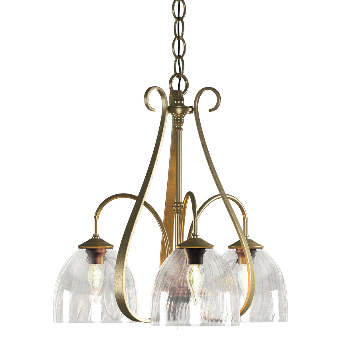 Hubbardton Forge 2004 Modern Brass Water Glass (LL) Sweeping Taper 3 Arm Chandelier