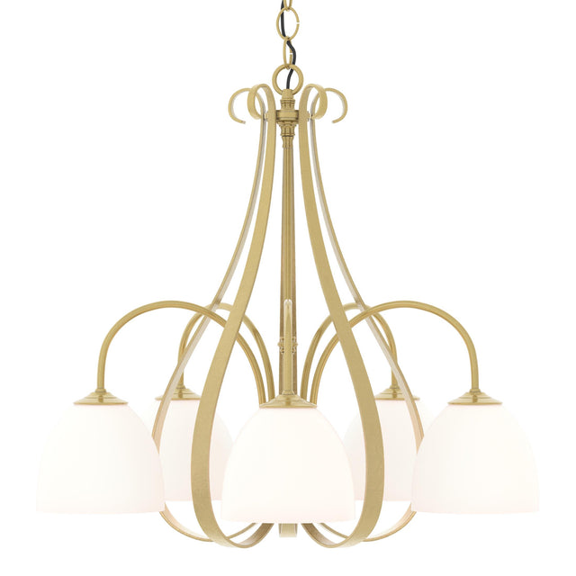 Hubbardton Forge 2004 Modern Brass Opal Glass (GG) Sweeping Taper 5 Arm Chandelier