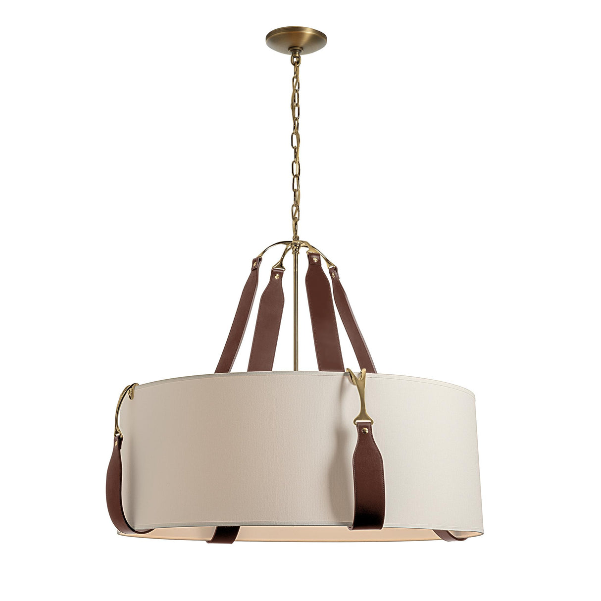 Hubbardton Forge 2021 Antique Brass British Brown Leather Flax Shade (SE) Saratoga Large Pendant