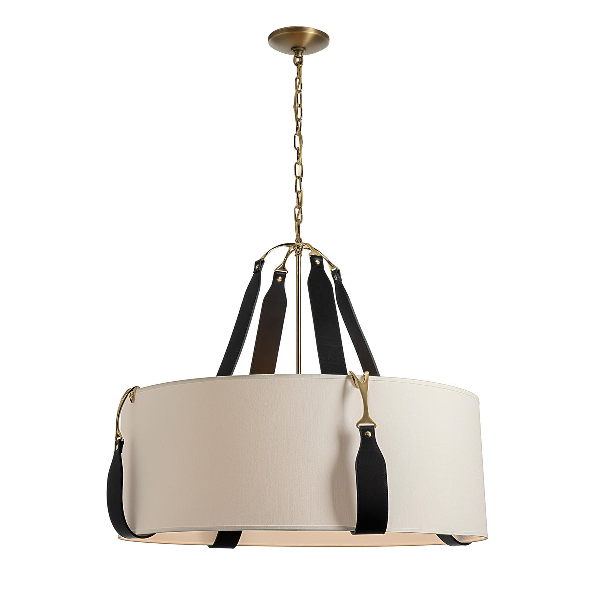 Hubbardton Forge 2021 Antique Brass Black Leather Flax Shade (SE) Saratoga Large Pendant