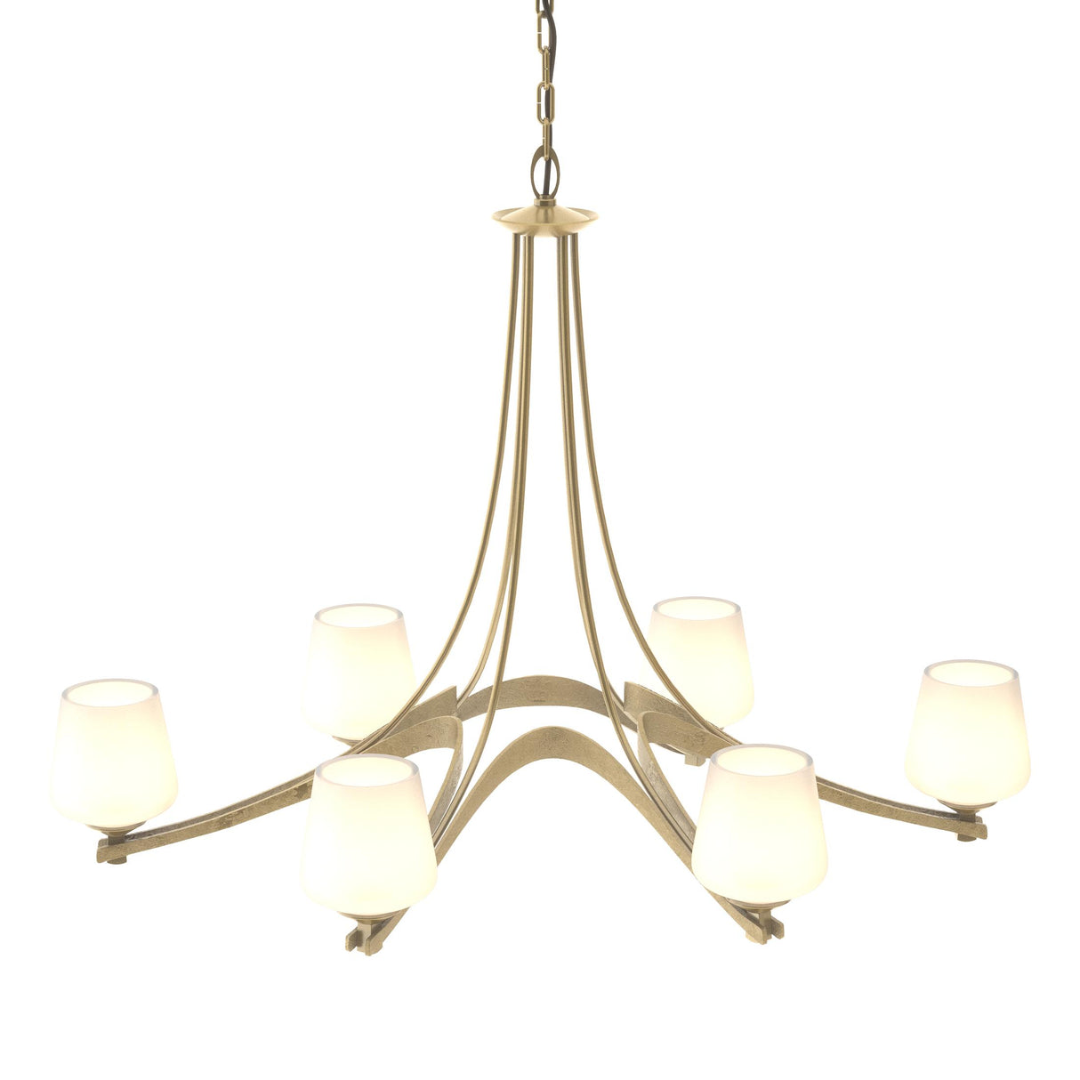 Hubbardton Forge 2010 Modern Brass Opal Glass (GG) Oval Ribbon 6 Arm Chandelier