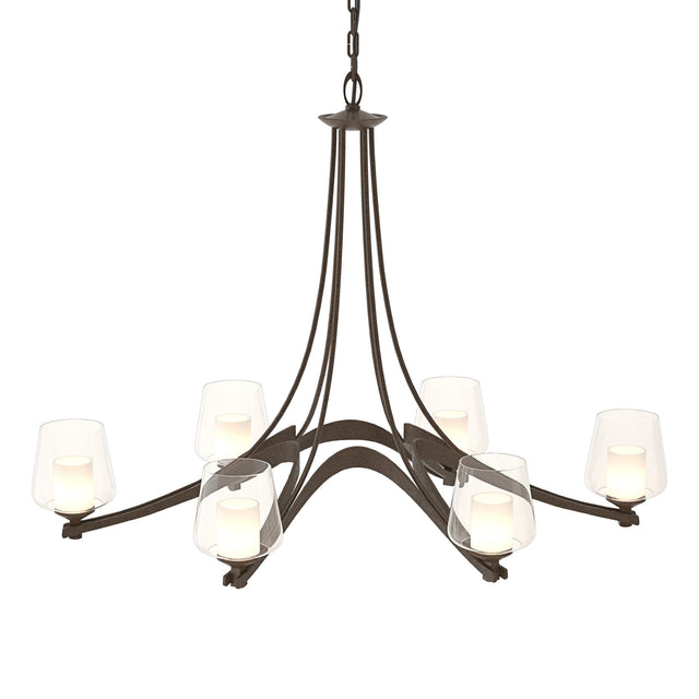 Hubbardton Forge 2010 Bronze Clear Glass with Opal Diffuser (ZU) Oval Ribbon 6 Arm Chandelier