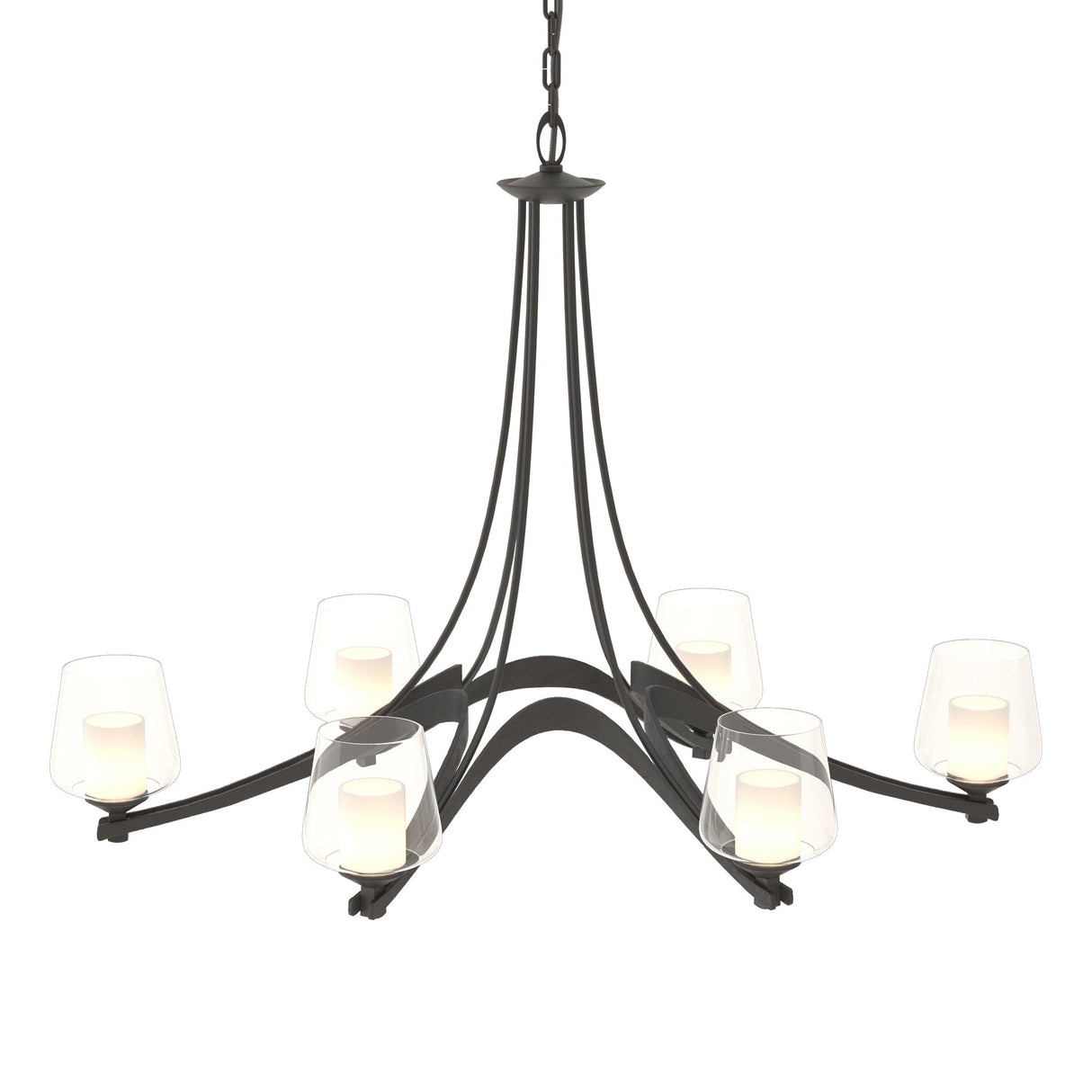 Hubbardton Forge 2010 Black Clear Glass with Opal Diffuser (ZU) Oval Ribbon 6 Arm Chandelier