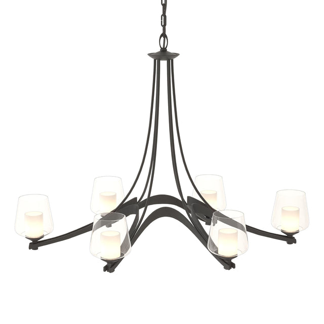 Hubbardton Forge 2010 Black Clear Glass with Opal Diffuser (ZU) Oval Ribbon 6 Arm Chandelier