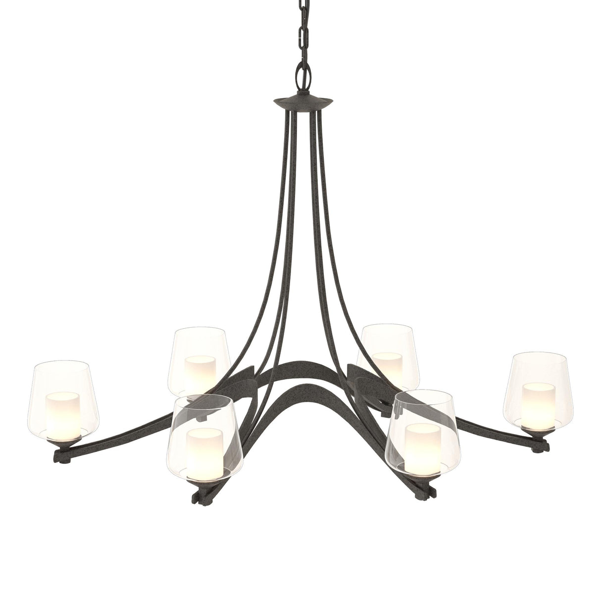 Hubbardton Forge 2010 Natural Iron Clear Glass with Opal Diffuser (ZU) Oval Ribbon 6 Arm Chandelier