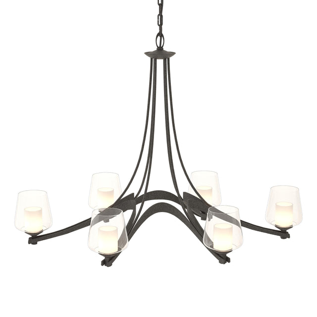 Hubbardton Forge 2010 Natural Iron Clear Glass with Opal Diffuser (ZU) Oval Ribbon 6 Arm Chandelier