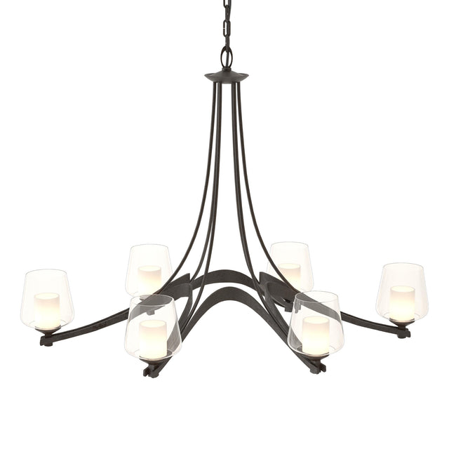 Hubbardton Forge 2010 Oil Rubbed Bronze Clear Glass with Opal Diffuser (ZU) Oval Ribbon 6 Arm Chandelier