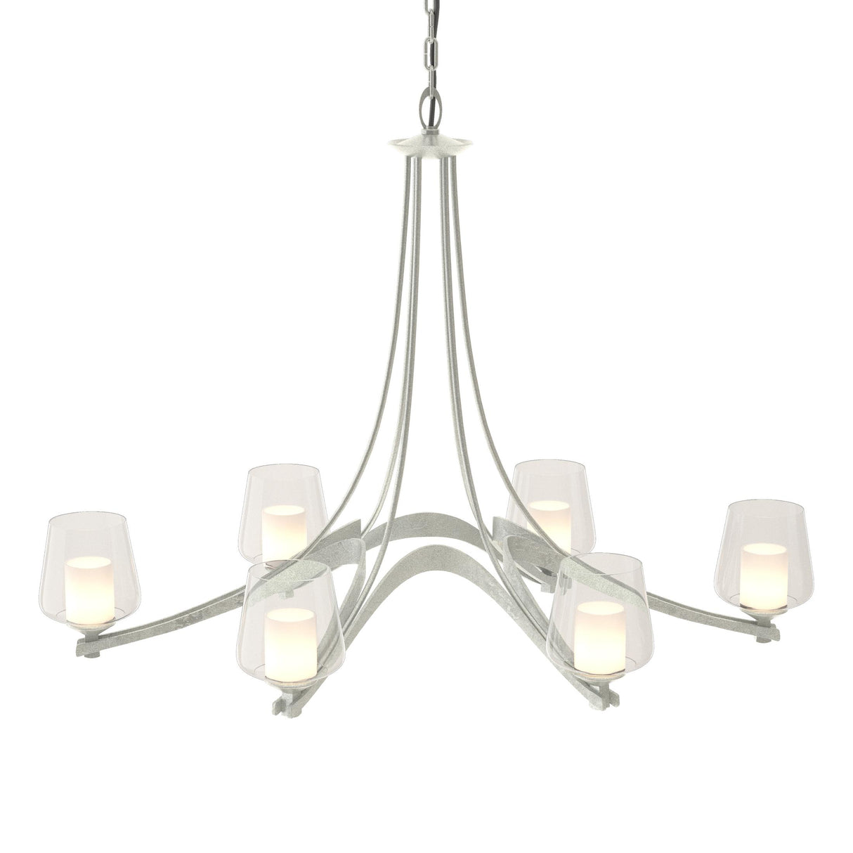Hubbardton Forge 2010 Vintage Platinum Clear Glass with Opal Diffuser (ZU) Oval Ribbon 6 Arm Chandelier
