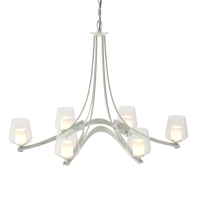 Hubbardton Forge 2010 Vintage Platinum Clear Glass with Opal Diffuser (ZU) Oval Ribbon 6 Arm Chandelier