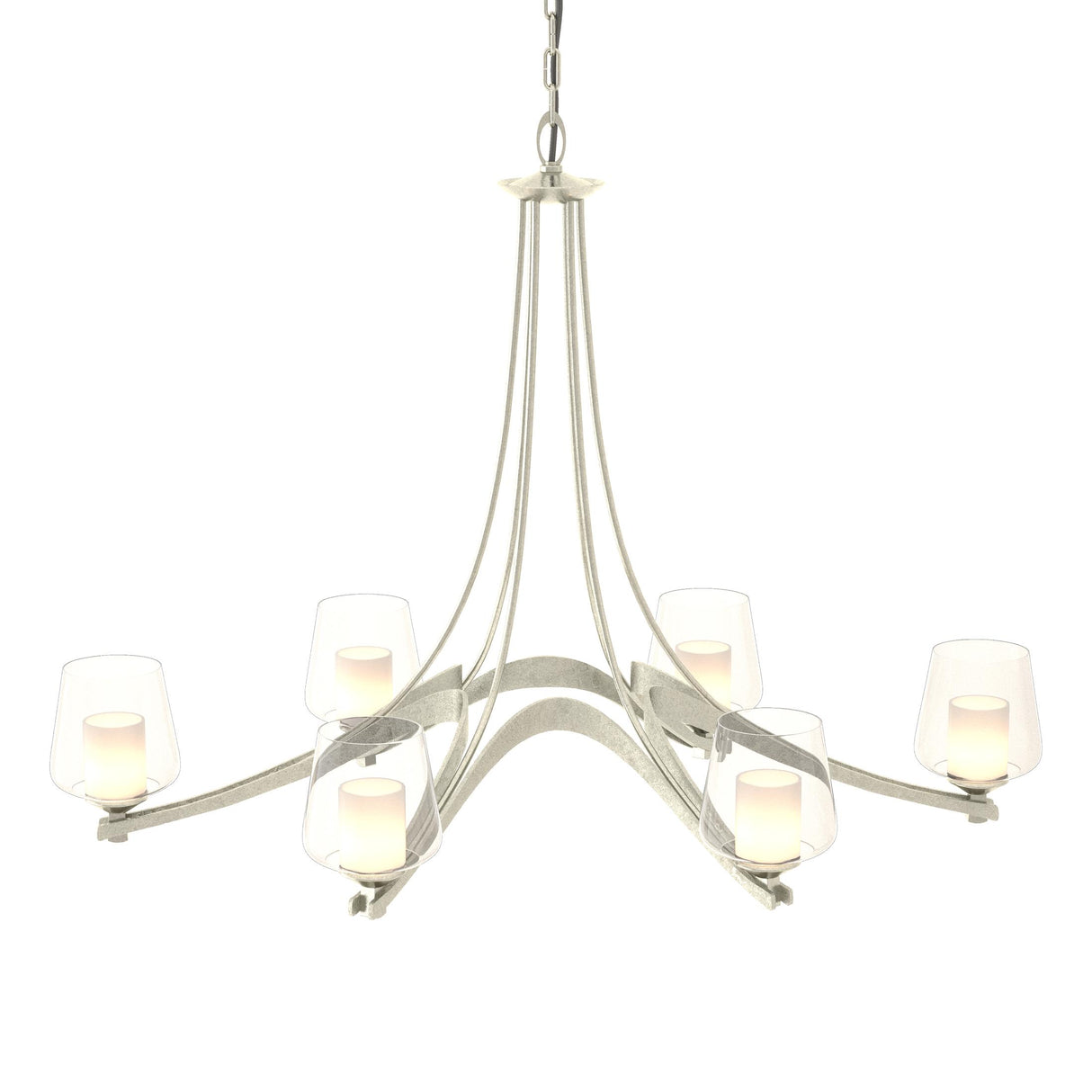 Hubbardton Forge 2010 Sterling Clear Glass with Opal Diffuser (ZU) Oval Ribbon 6 Arm Chandelier