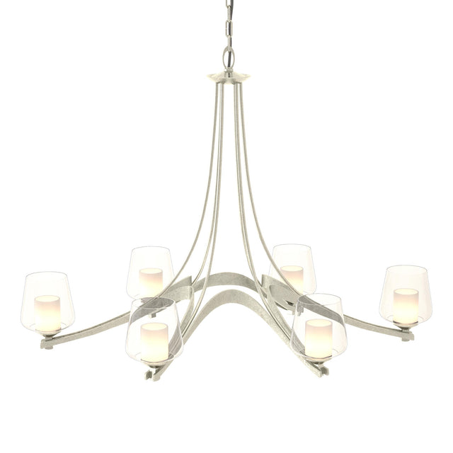 Hubbardton Forge 2010 Sterling Clear Glass with Opal Diffuser (ZU) Oval Ribbon 6 Arm Chandelier