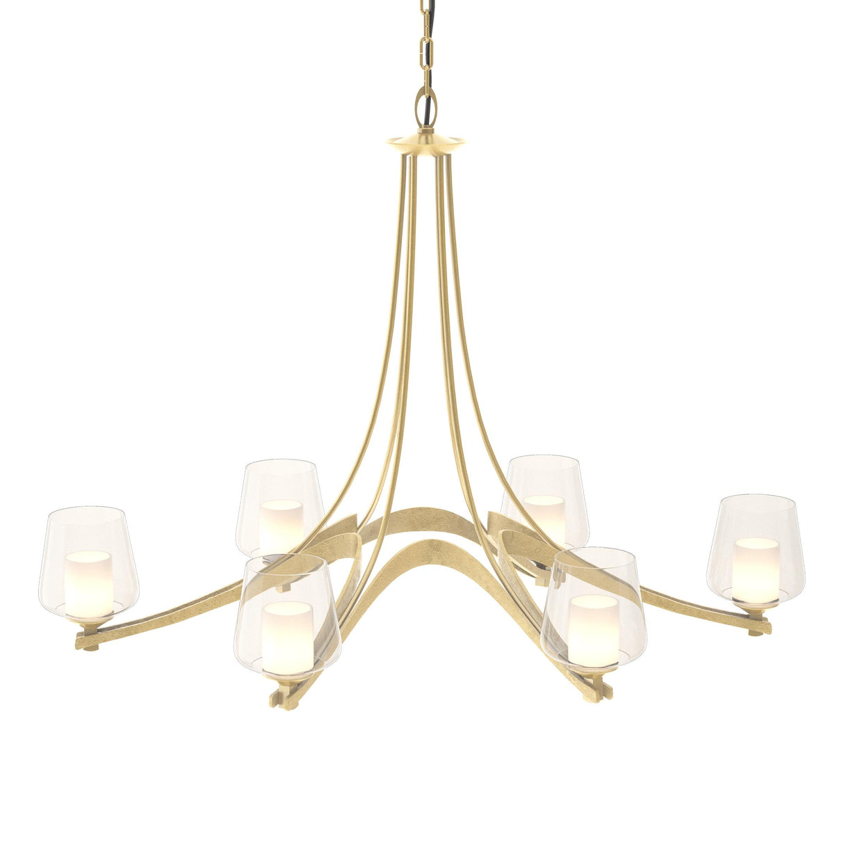 Hubbardton Forge 2010 Modern Brass Clear Glass with Opal Diffuser (ZU) Oval Ribbon 6 Arm Chandelier