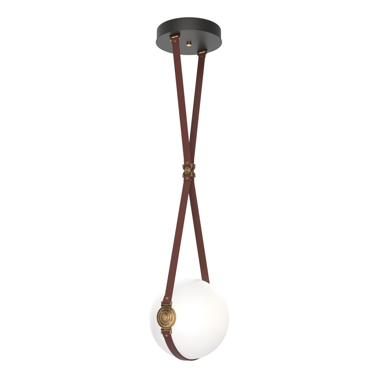 Hubbardton Forge 2020 Black Antique Brass British Brown Leather Hubbardton forge Branded Plate Opal Glass (GG) Standard Derby Small LED Pendant