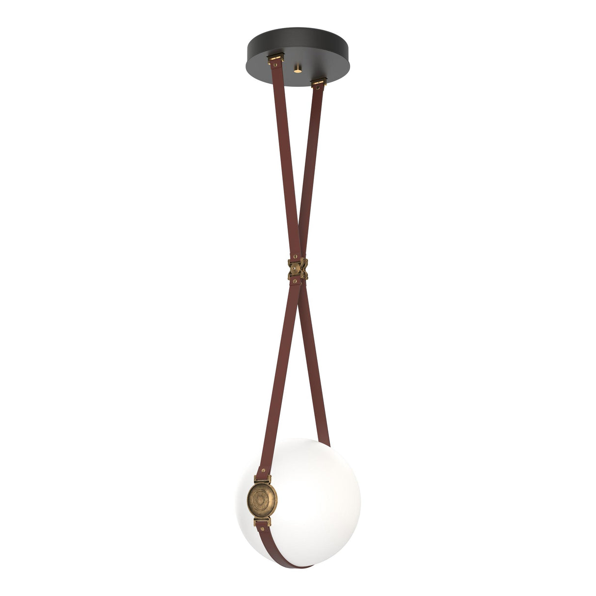 Hubbardton Forge 2020 Black Antique Brass British Brown Leather Non-Branded Plate Opal Glass (GG) Standard Derby Small LED Pendant