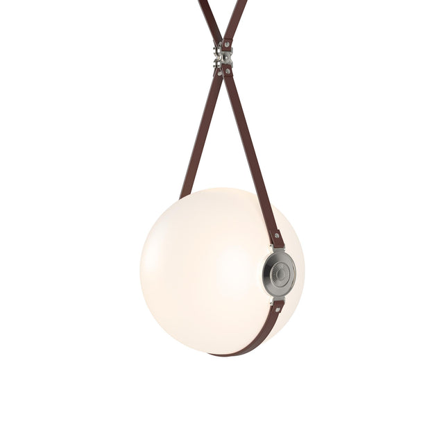 Hubbardton Forge 2020 Black Polished Nickel British Brown Leather Non-Branded Plate Opal Glass (GG) Long Derby Large LED Pendant