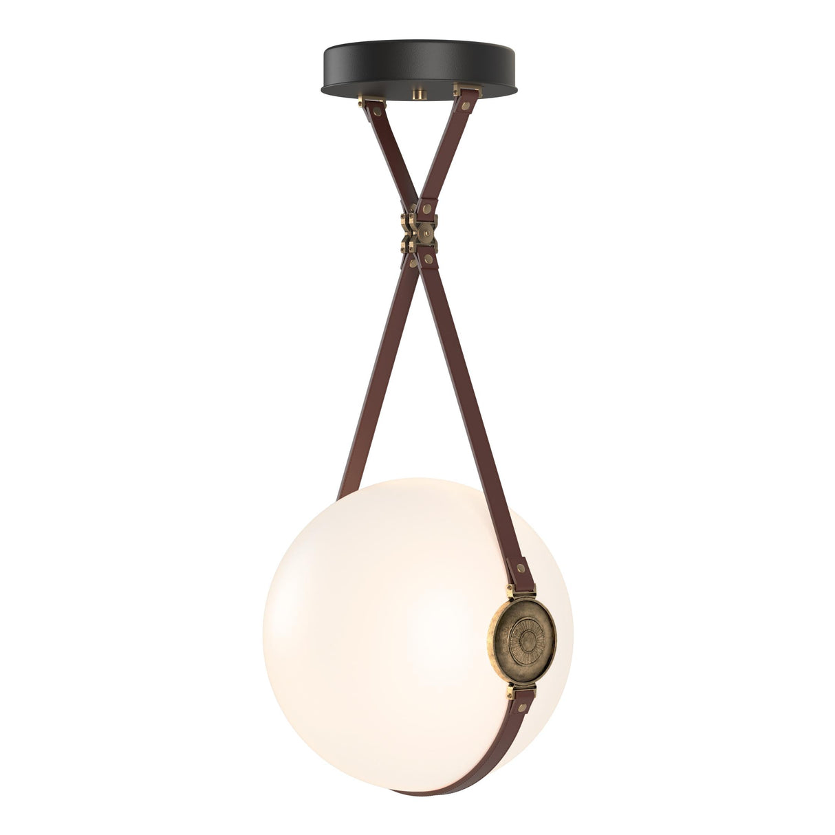 Hubbardton Forge 2020 Black Antique Brass British Brown Leather Non-Branded Plate Opal Glass (GG) Standard Derby Large LED Pendant