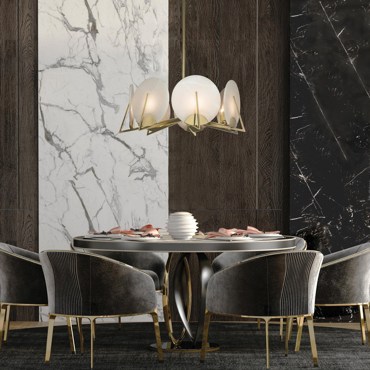 Hubbardton Forge 2023 Modern Brass Alabaster Multi Callisto 7-Light Pendant