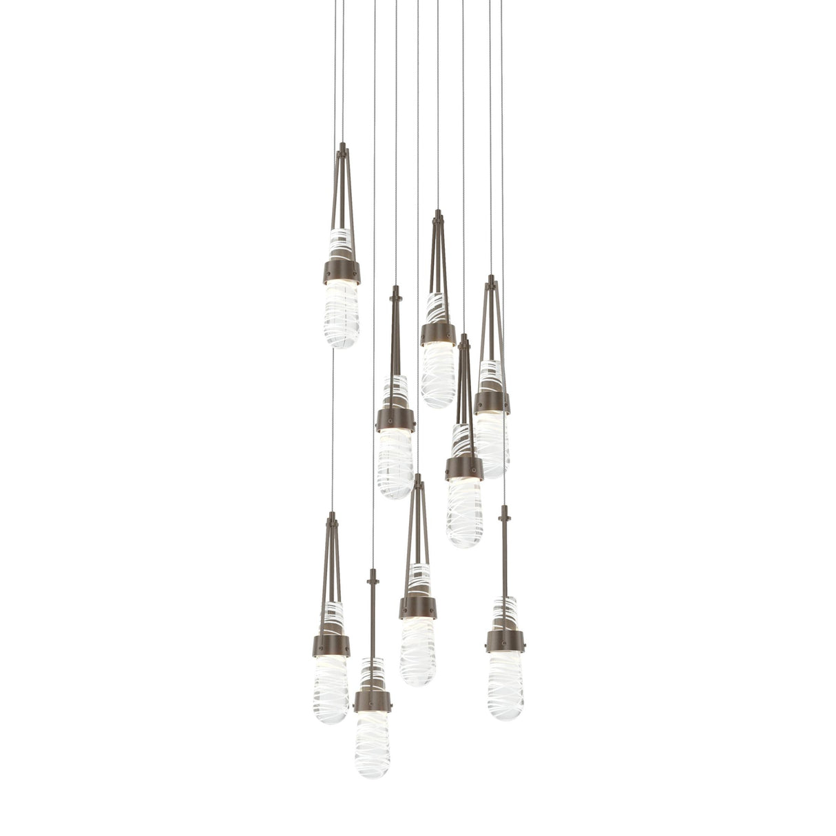 Hubbardton Forge 2022 Bronze Clear Glass with White Threading (YJ) Long Link 9-Light Blown Glass Pendant