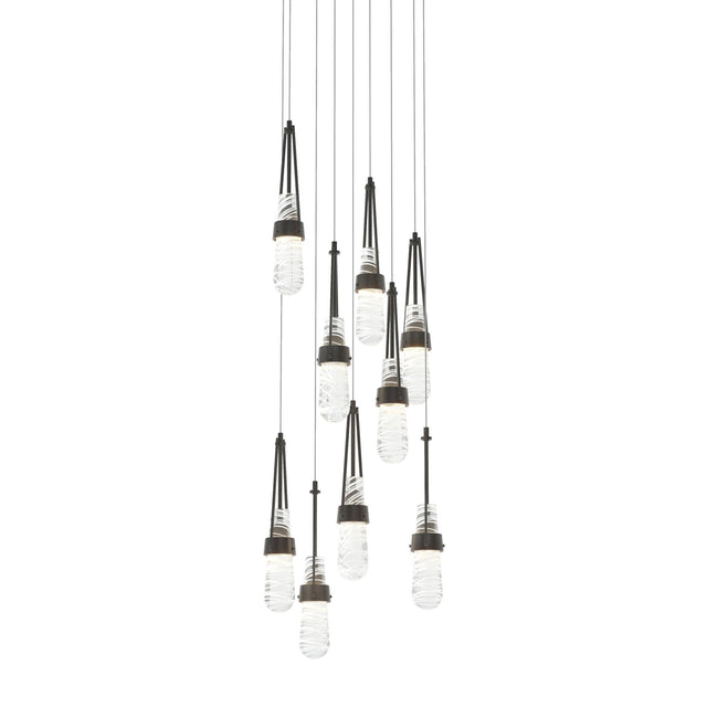 Hubbardton Forge 2022 Black Clear Glass with White Threading (YJ) Long Link 9-Light Blown Glass Pendant