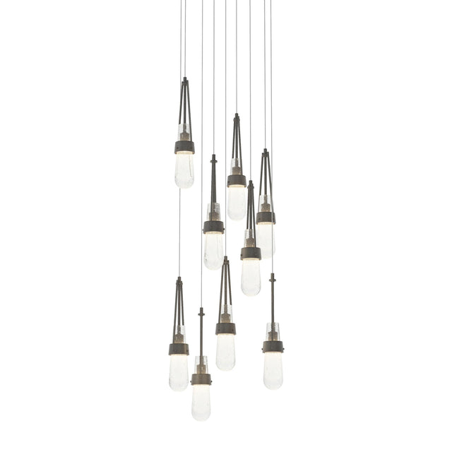 Hubbardton Forge 2022 Natural Iron Clear Bubble Glass (YG) Long Link 9-Light Blown Glass Pendant