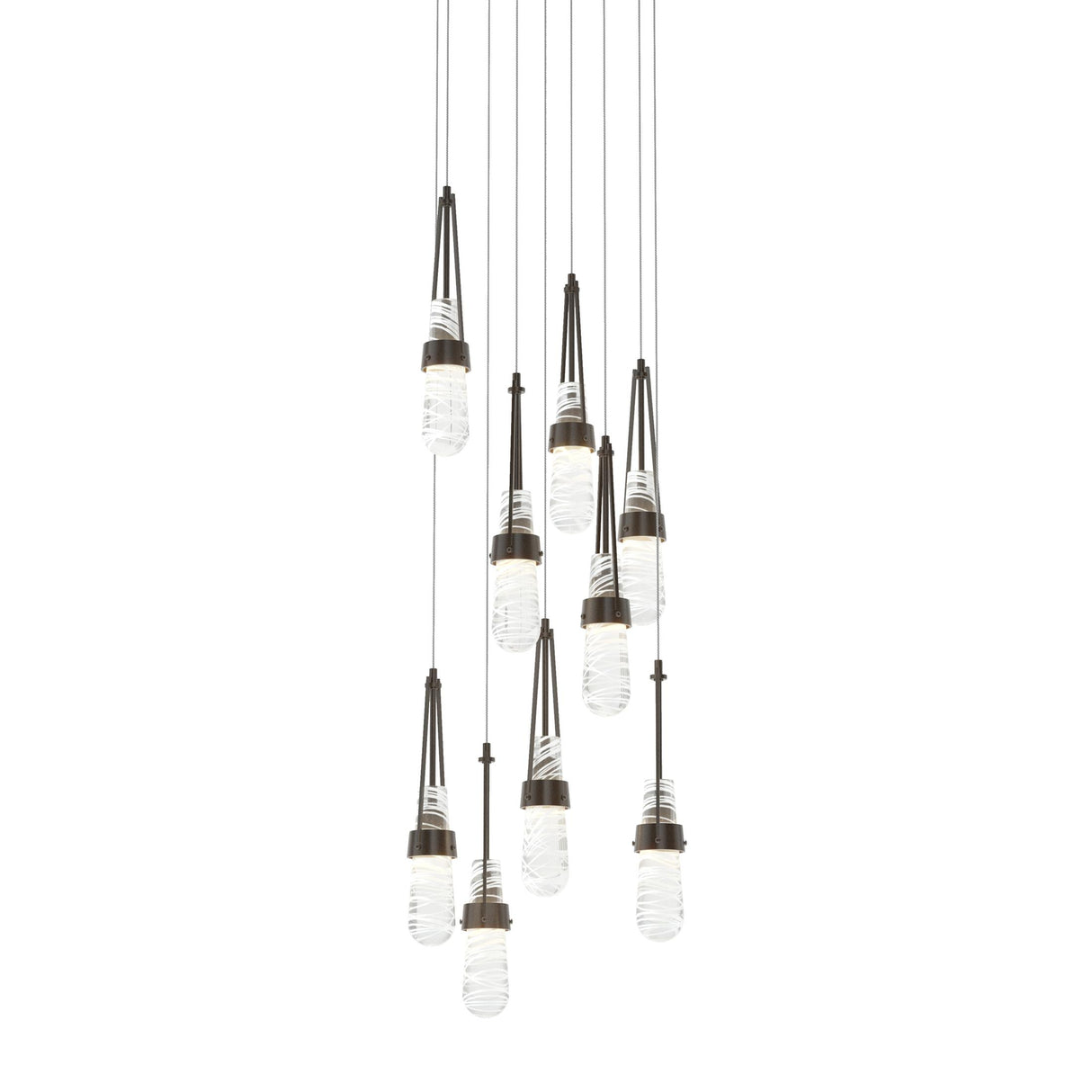 Hubbardton Forge 2022 Oil Rubbed Bronze Clear Glass with White Threading (YJ) Long Link 9-Light Blown Glass Pendant